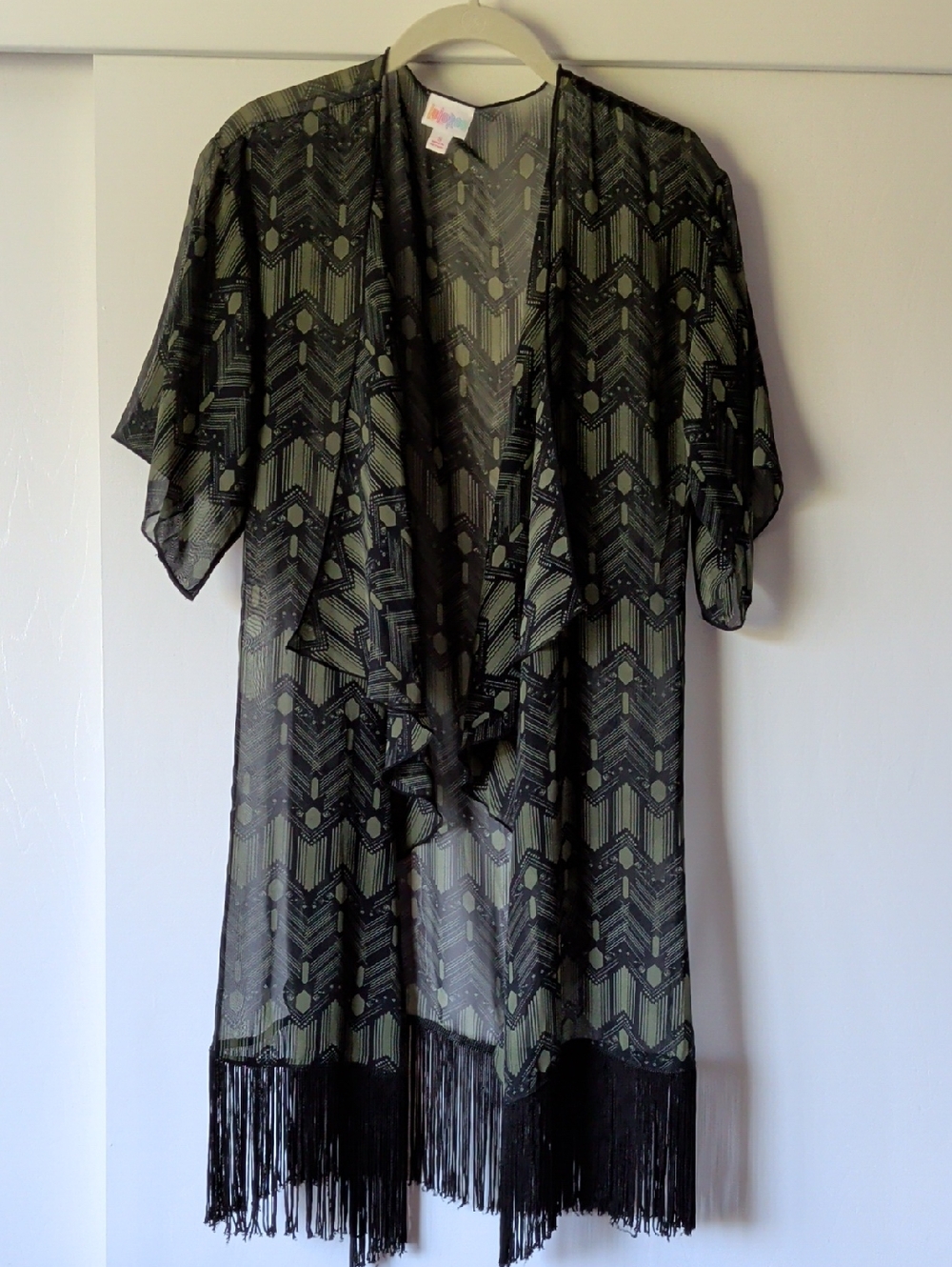 LuLaRoe Olive and Black Sheer Fringe Kimono